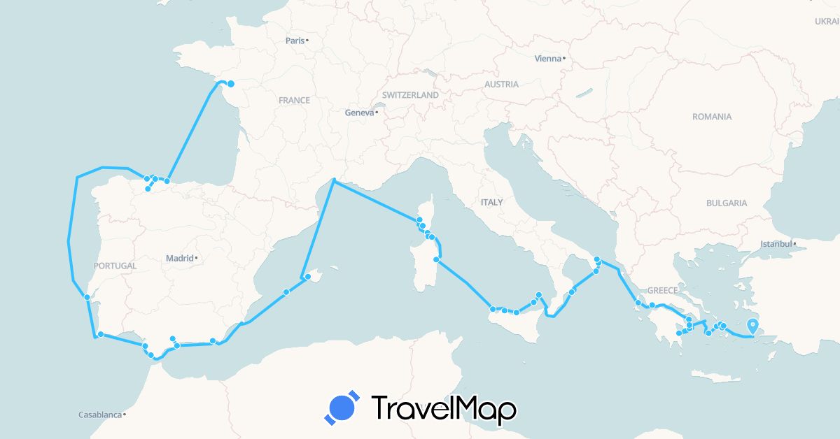 TravelMap itinerary: driving, boat in Spain, France, Greece, Italy, Portugal (Europe)